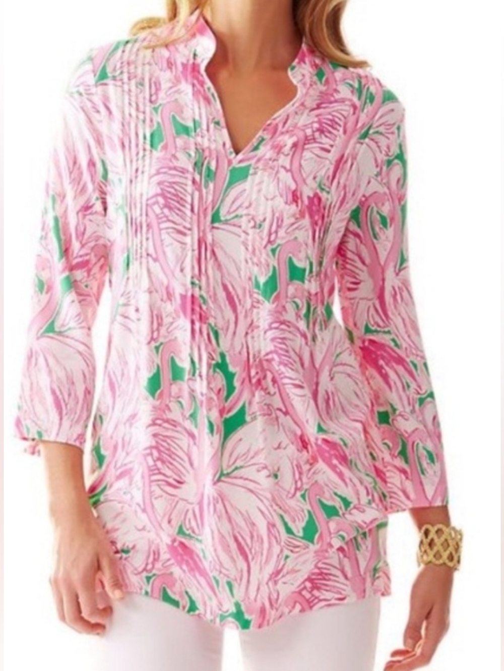 ​Lilly Pulitzer Sarasota Tunic Prep Green Pink Colony Flamingo Print Large